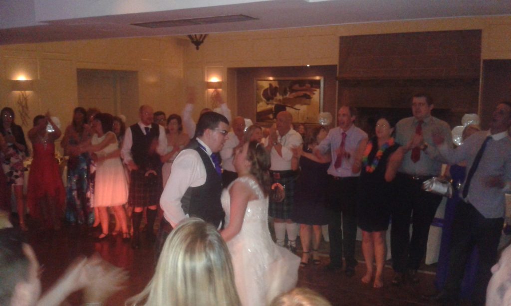 Pulse Wedding Band Western House Ayrshire 22-08-2015 Bride & Groom centre of dancefloor with guests in background