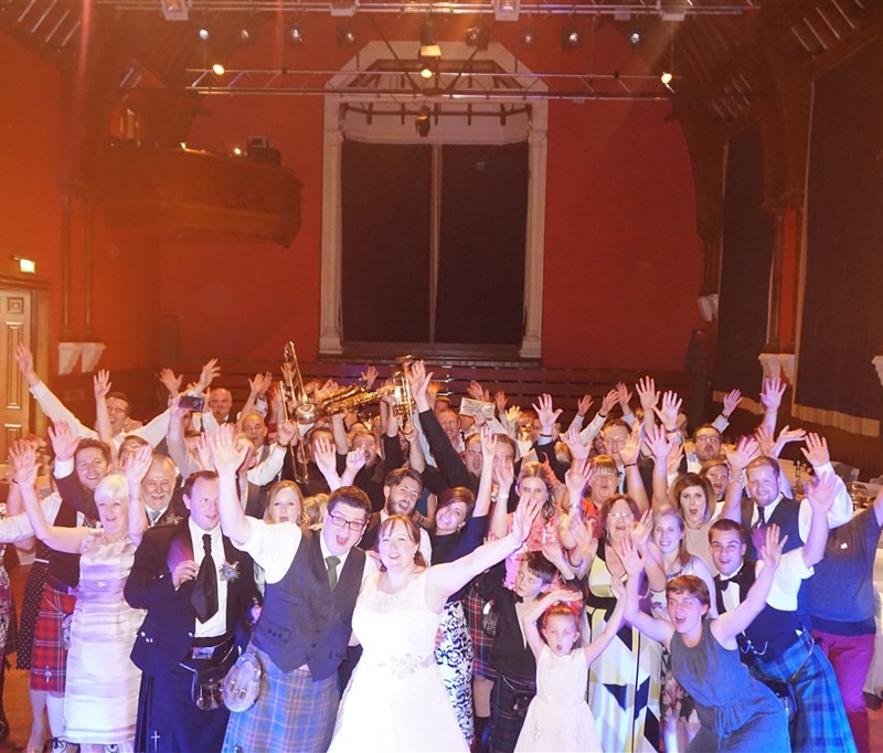 Pulse wedding bands Glasgow & Ayrshire in Rutherglen Town Hall Glasgow group shot on busy dance floor